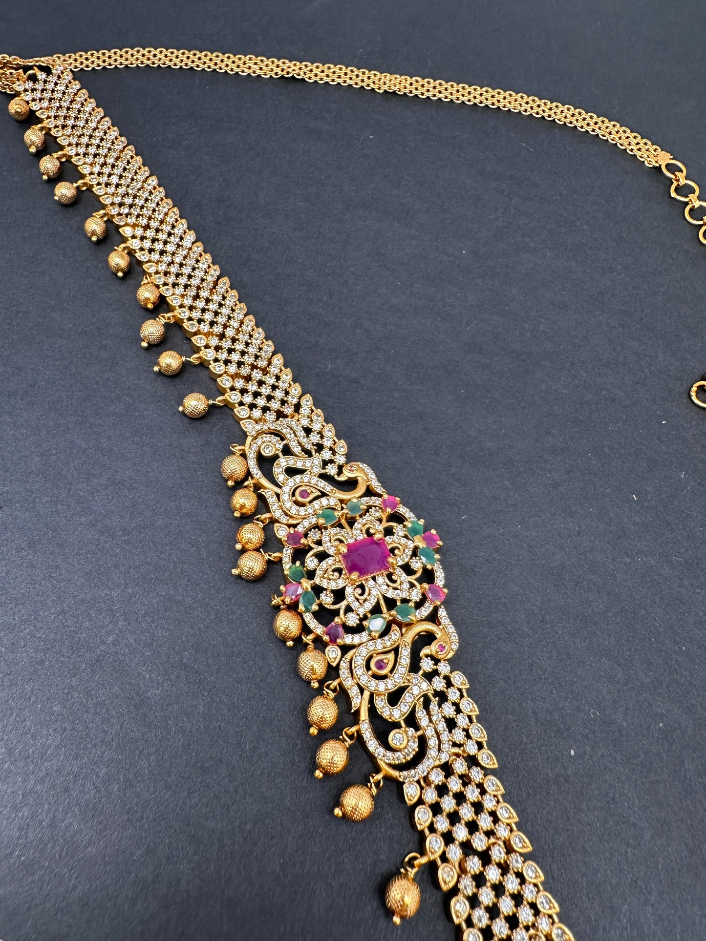 Sleek CZ Red Green Multi Stone Matte Finish Hip Chain Vaddanam