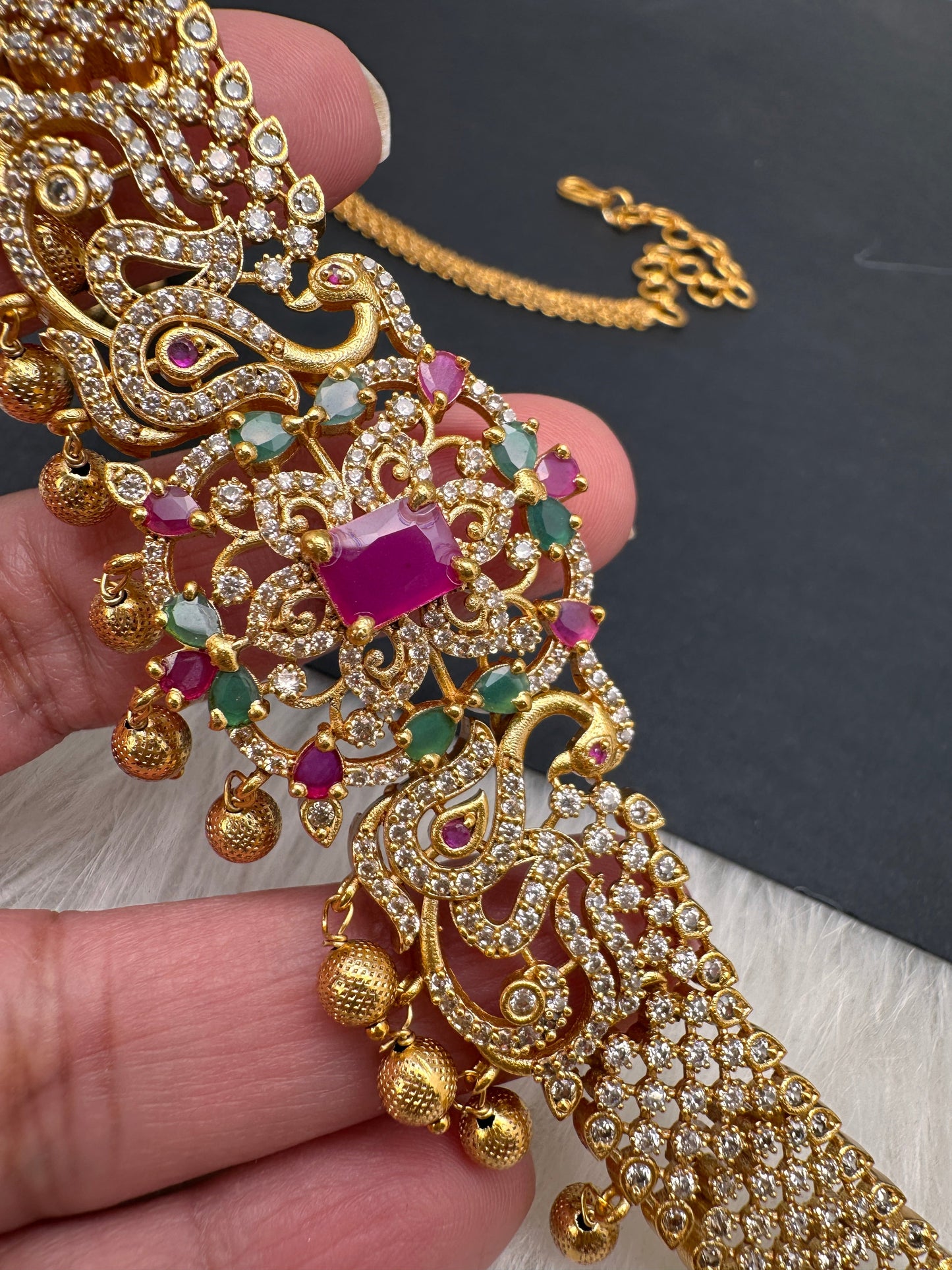 Sleek CZ Red Green Multi Stone Matte Finish Hip Chain Vaddanam