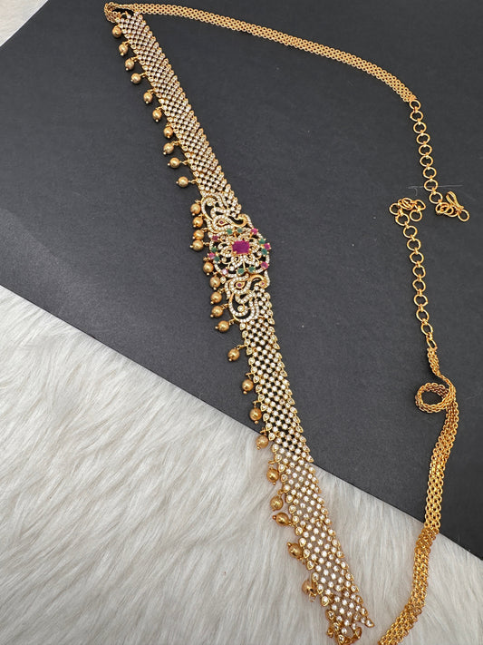 Sleek CZ Red Green Multi Stone Matte Finish Hip Chain Vaddanam