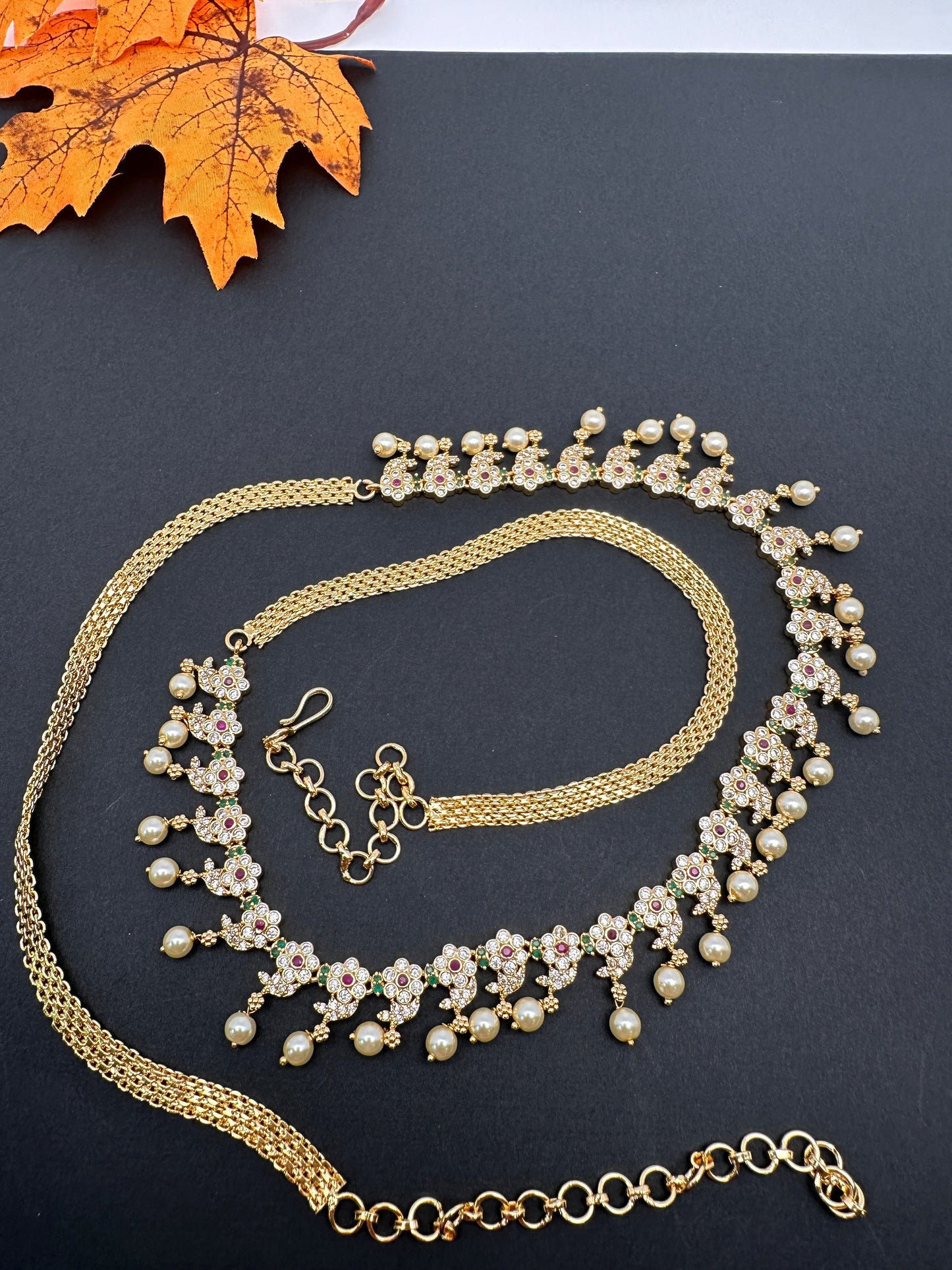 Sleek CZ Red Green Multi Stone Floral Design Hip Chain Vaddanam