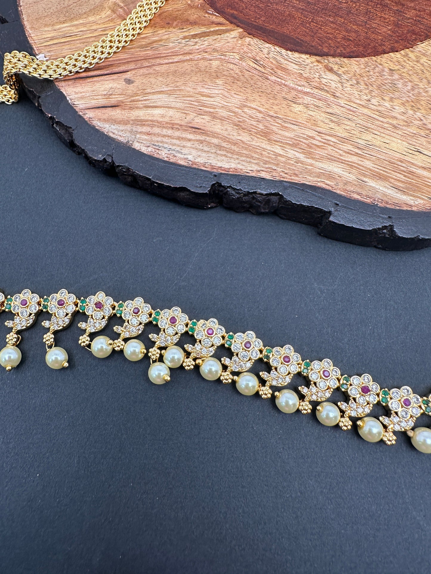 Sleek CZ Red Green Multi Stone Floral Design Hip Chain Vaddanam