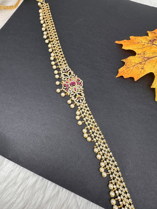 Sleek CZ Red Stone Hip Chain Vaddanam