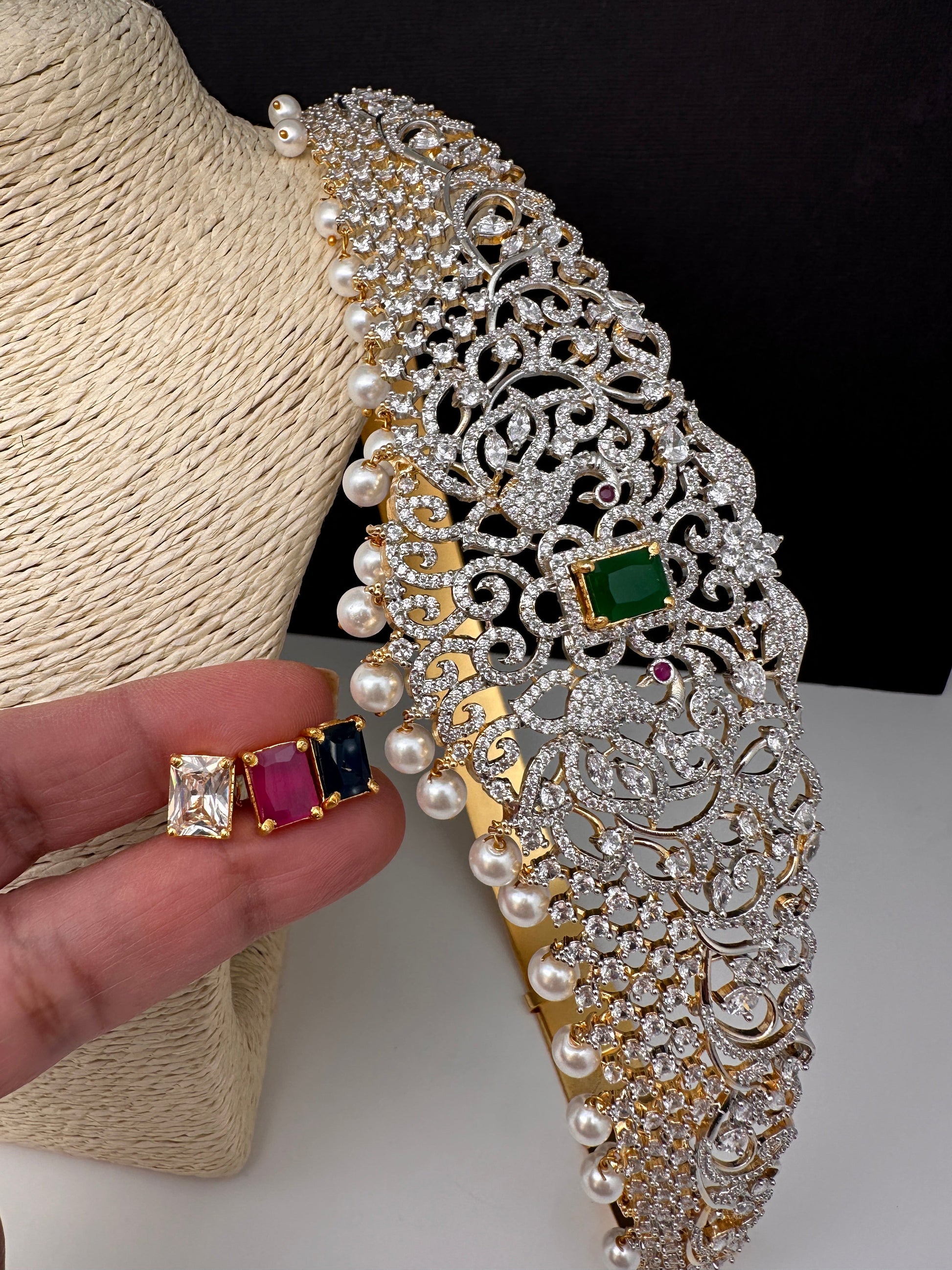 Peacock Diamond Finish Stone Kids Hip Belt Vaddanam with Changeable Stones