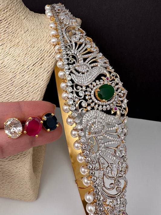 Peacock Diamond Finish Stone Kids Hip Belt Vaddanam with Changeable Stones