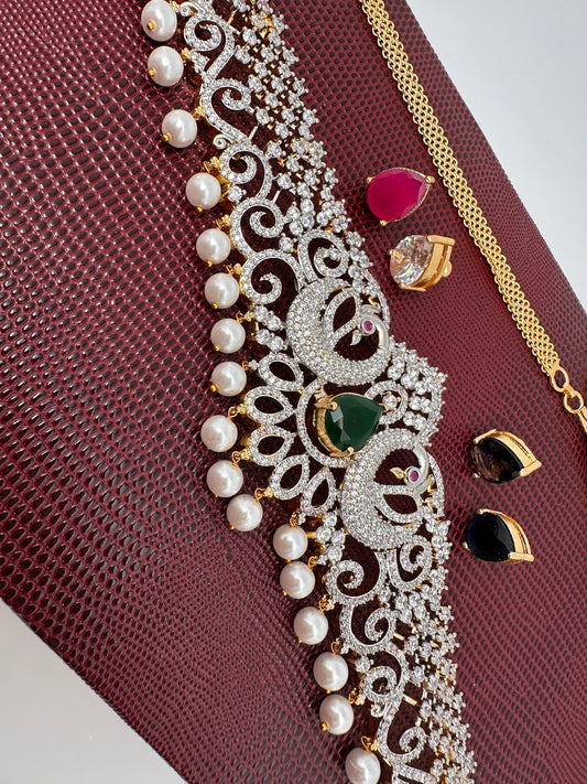 AD Ganga Jamuna Polish Changeable Color Stone Pearls Peacock Design Hip Chain Kamarbandh