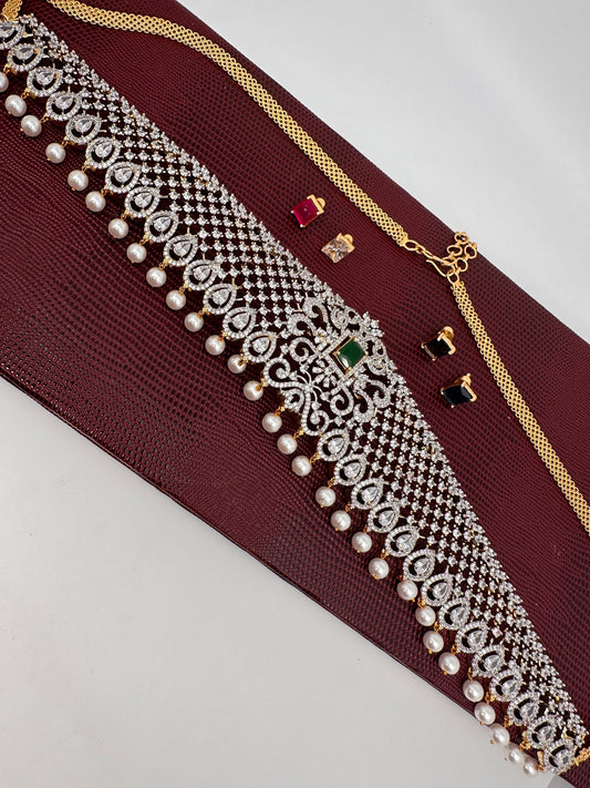 AD Dual Tone Polish Changeable Color Stone Pearls Peacock Design Hip Chain Kamarbandh