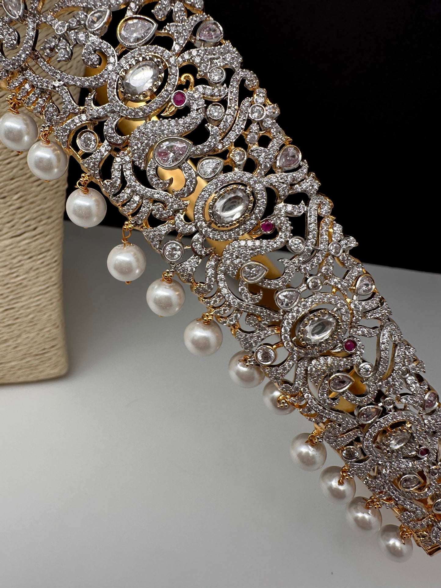 AD Diamond Finish Changeable Color Stone Pearls Hip Belt Kamarbandh