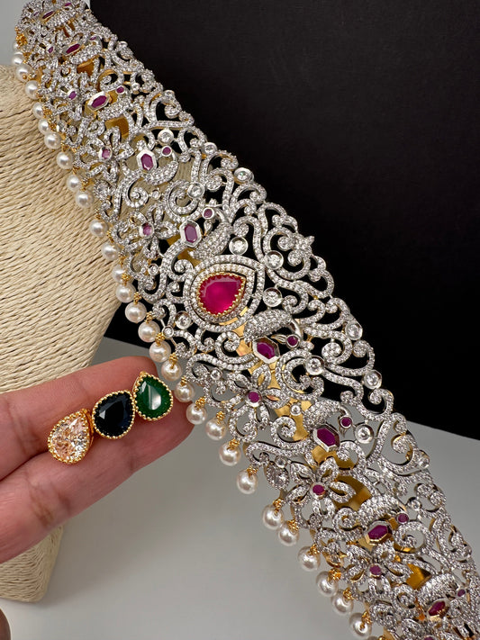 AD Diamond Finish Changeable Color Stone Pearls Hip Belt Kamarbandh