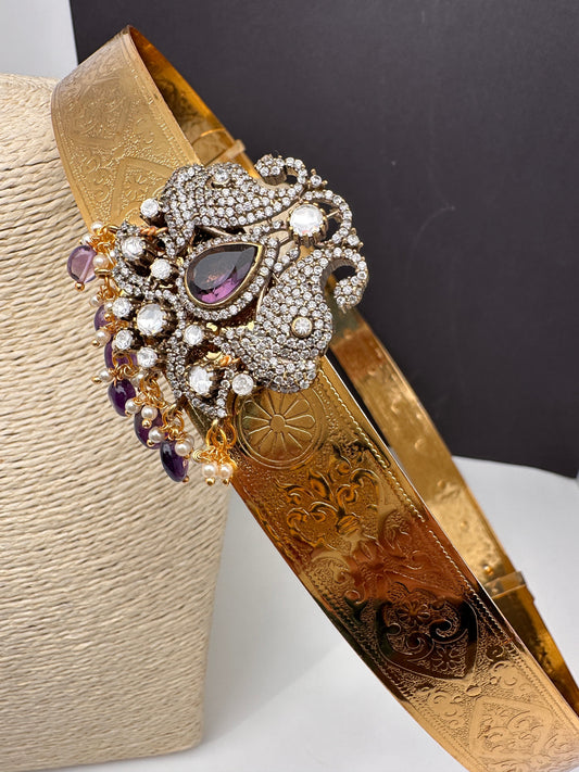 CZ Victorian Color Stone Hip Belt Vaddanam - Purple