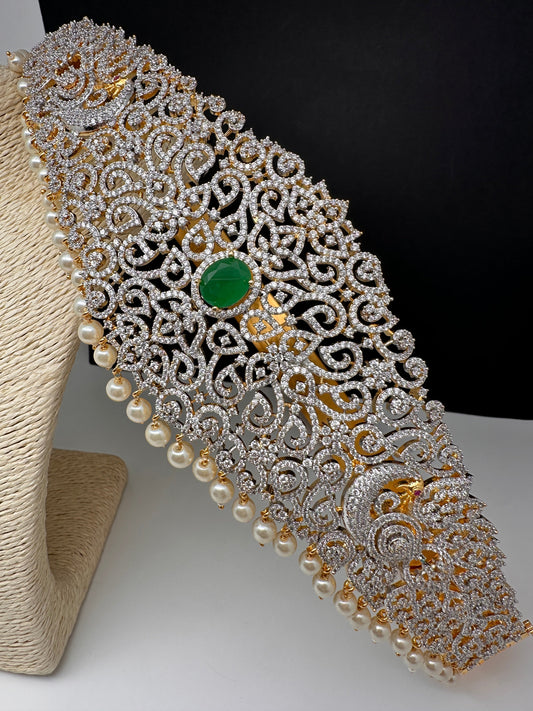 AD Diamond Finish Emerald Green Stone Hip Belt Kamarbandh