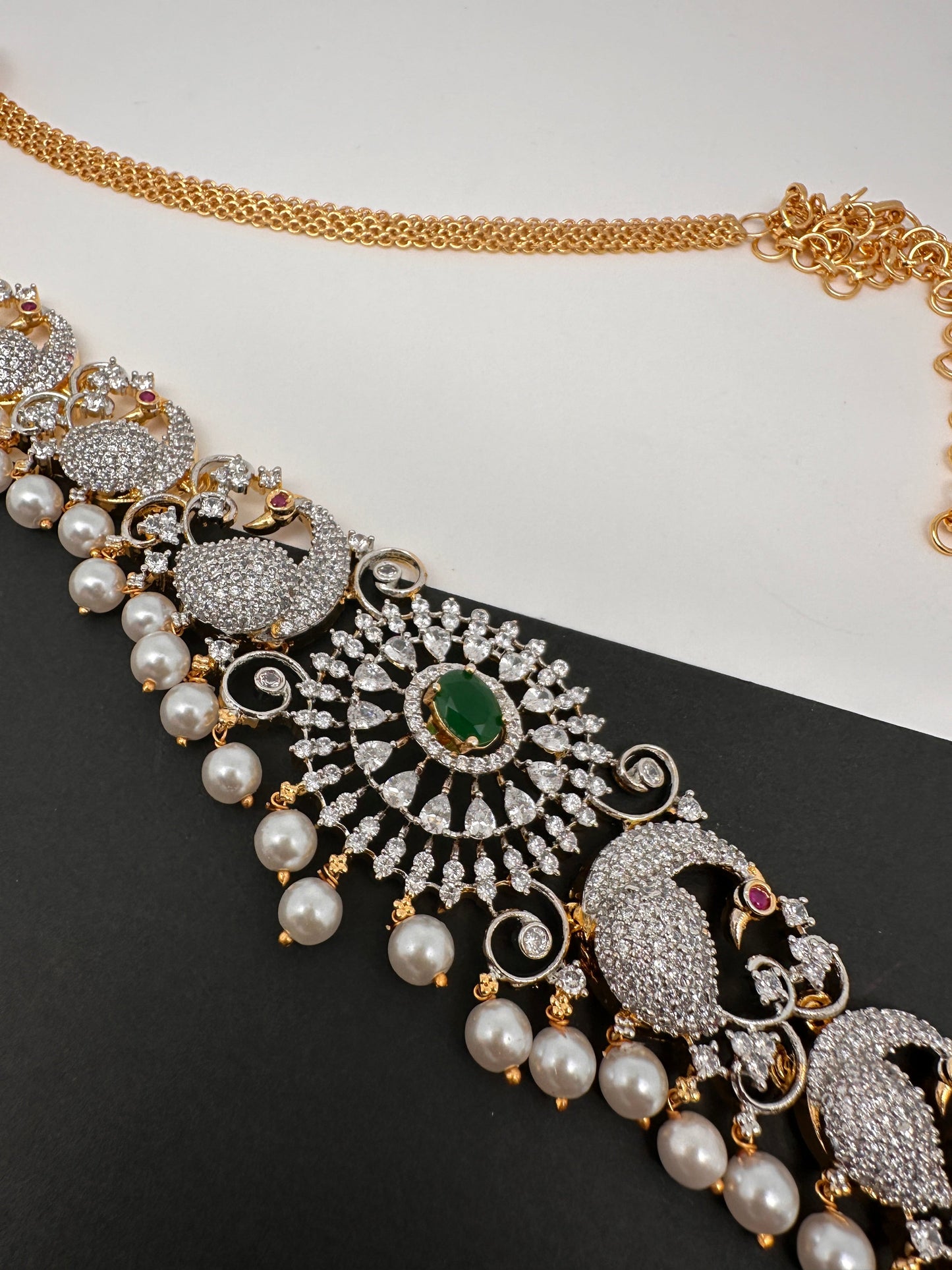 AD Peacock Changeable Color Stone Pearls Peacock Design Hip Chain Kamarbandh