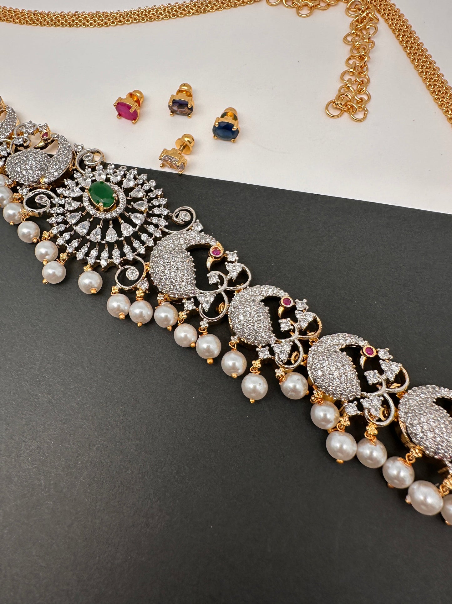 AD Peacock Changeable Color Stone Pearls Peacock Design Hip Chain Kamarbandh