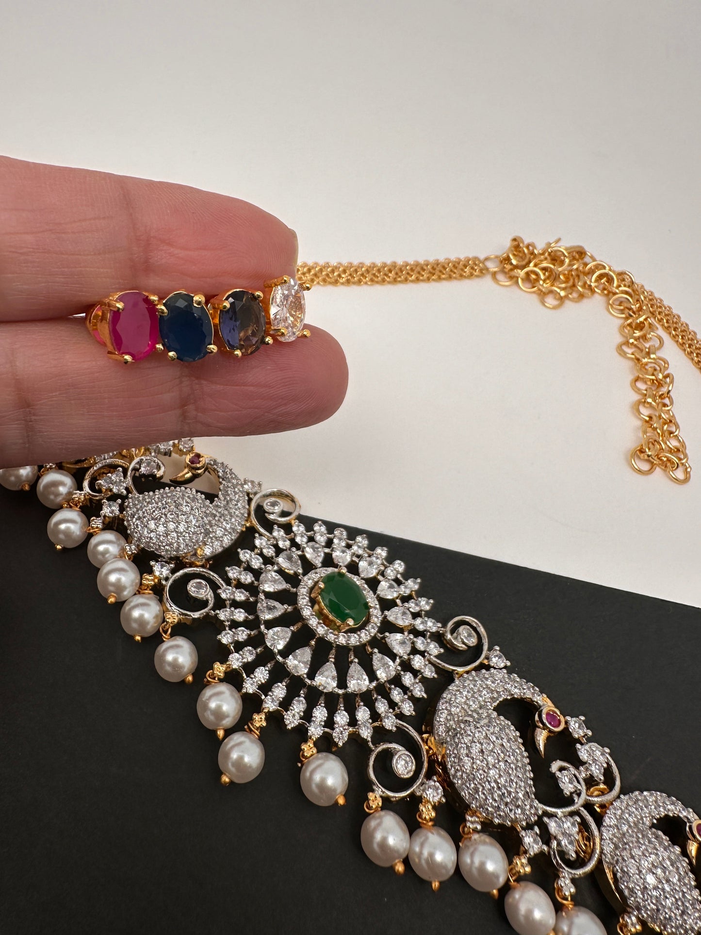 AD Peacock Changeable Color Stone Pearls Peacock Design Hip Chain Kamarbandh