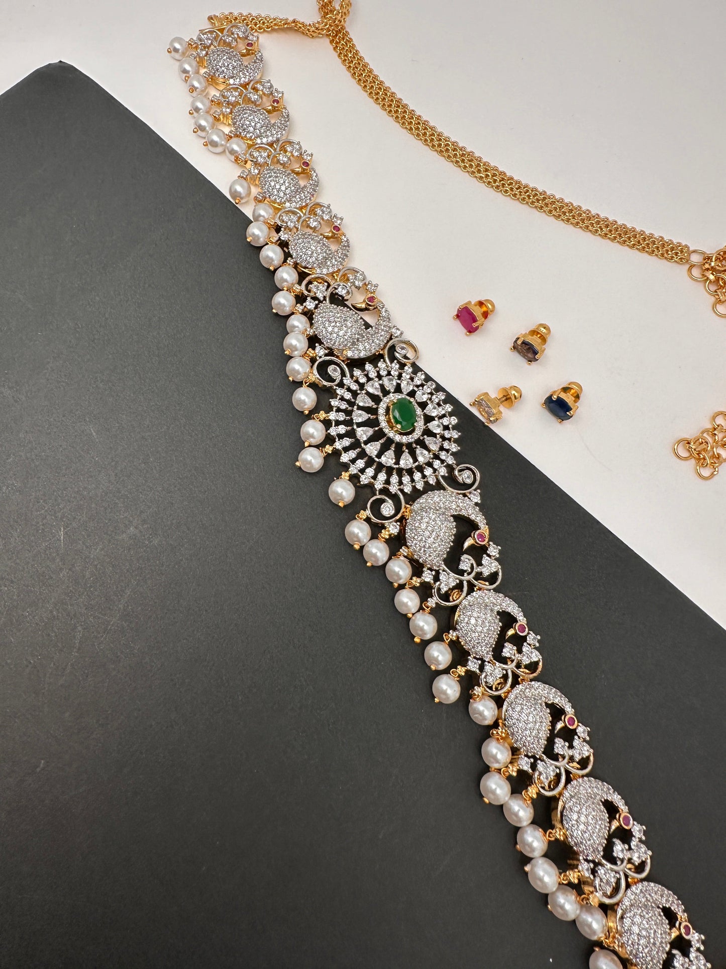 AD Peacock Changeable Color Stone Pearls Peacock Design Hip Chain Kamarbandh