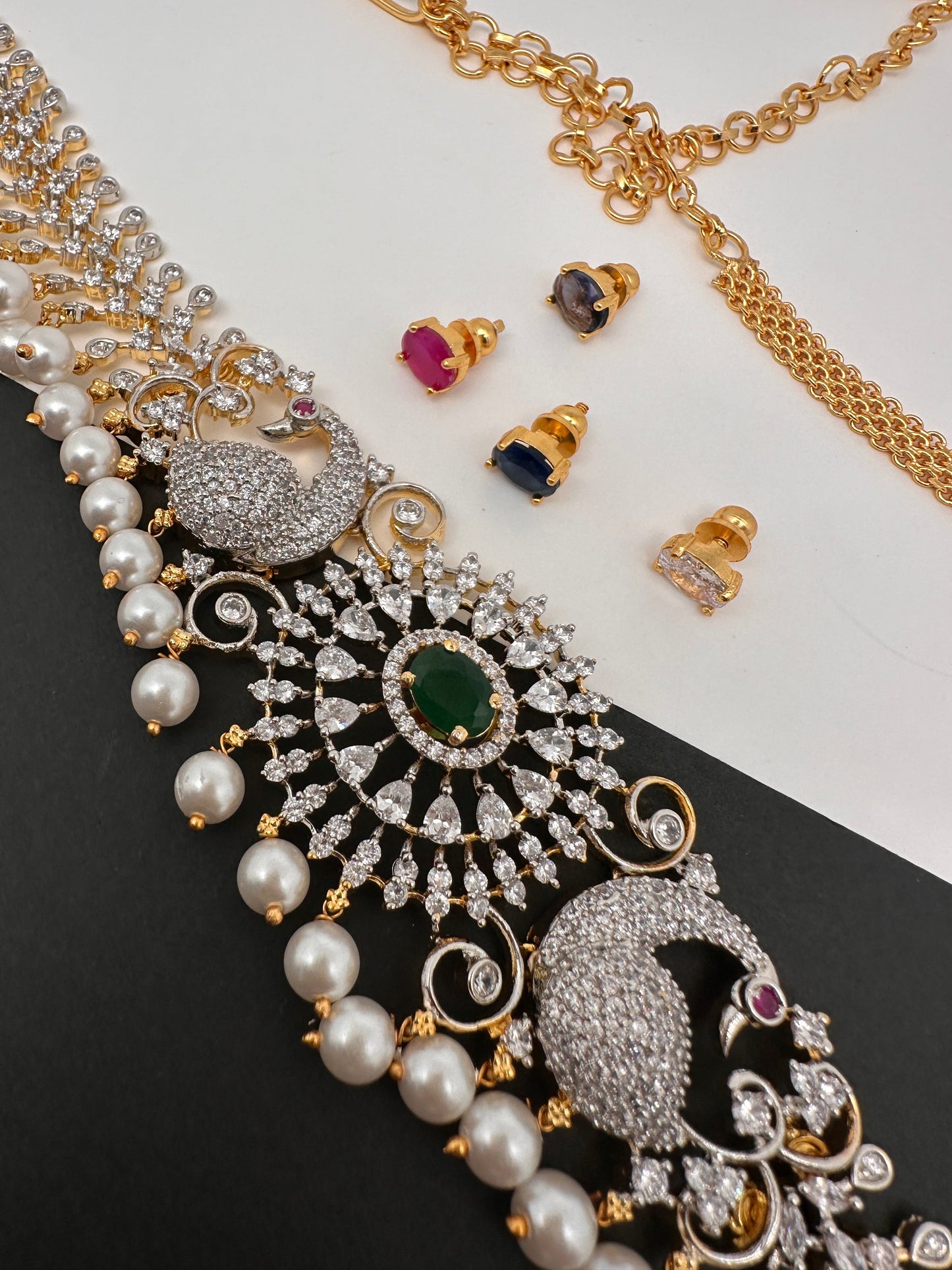 AD Changeable Color Stone Pearls Peacock Design Hip Chain Kamarbandh