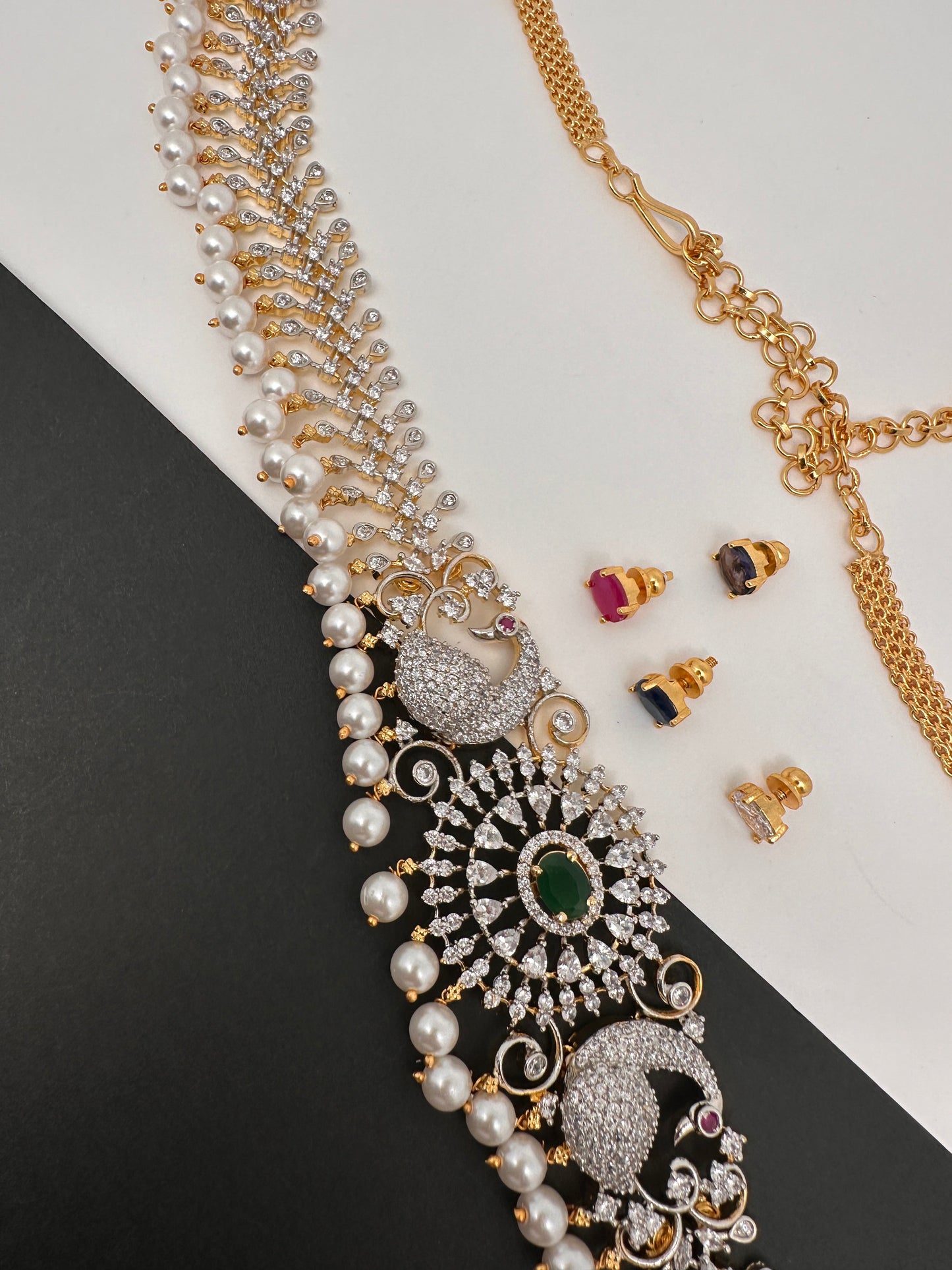 AD Changeable Color Stone Pearls Peacock Design Hip Chain Kamarbandh