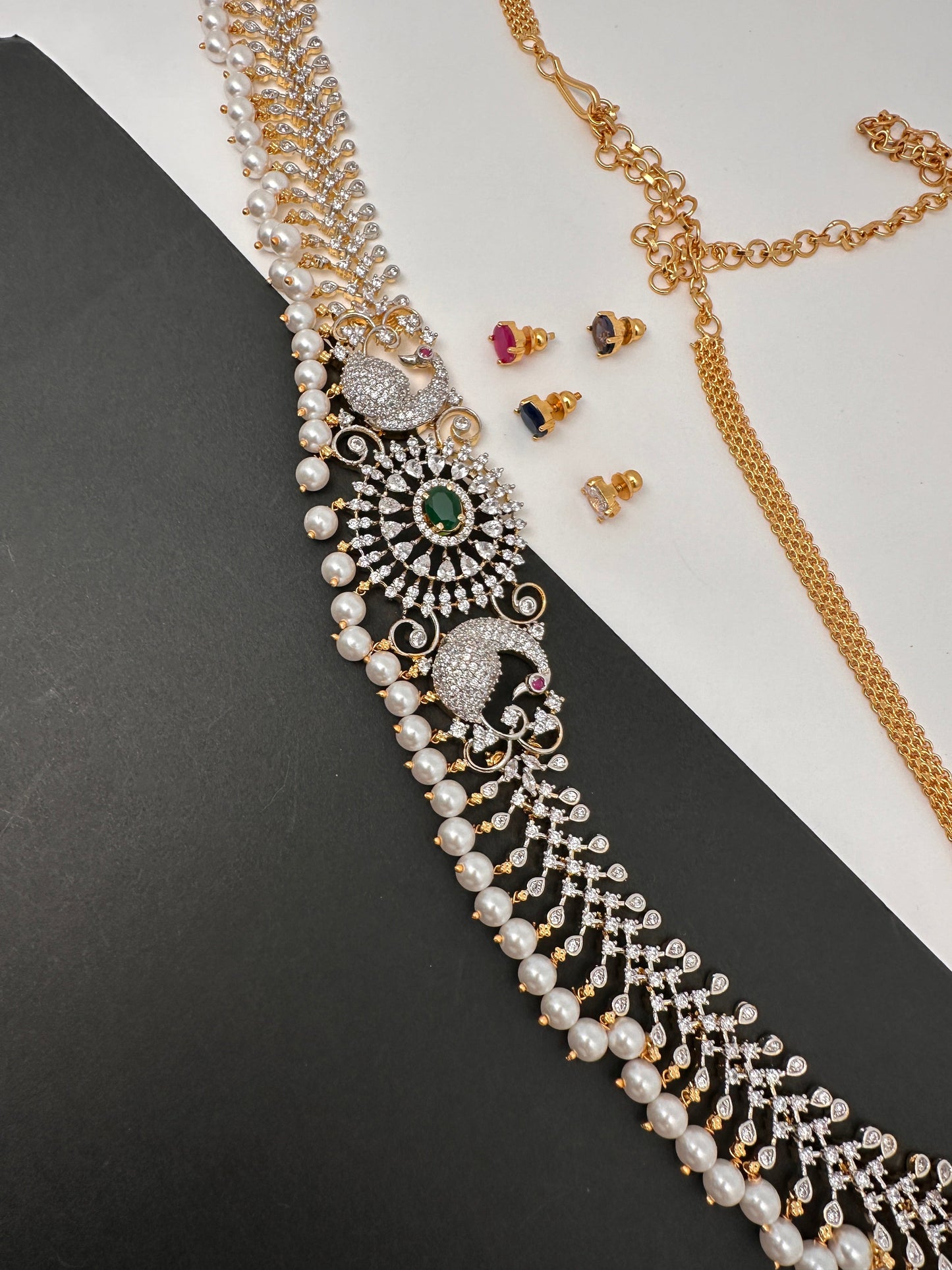 AD Changeable Color Stone Pearls Peacock Design Hip Chain Kamarbandh