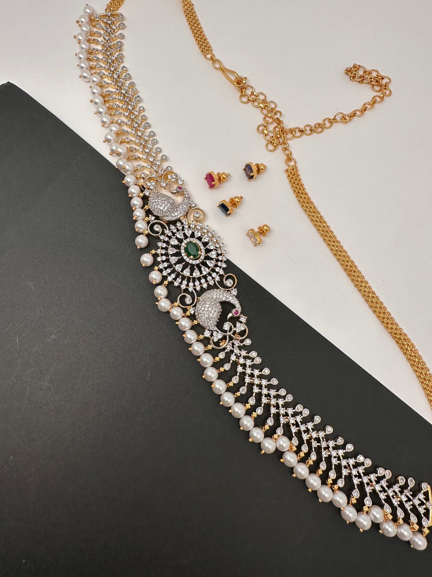 AD Changeable Color Stone Pearls Peacock Design Hip Chain Kamarbandh