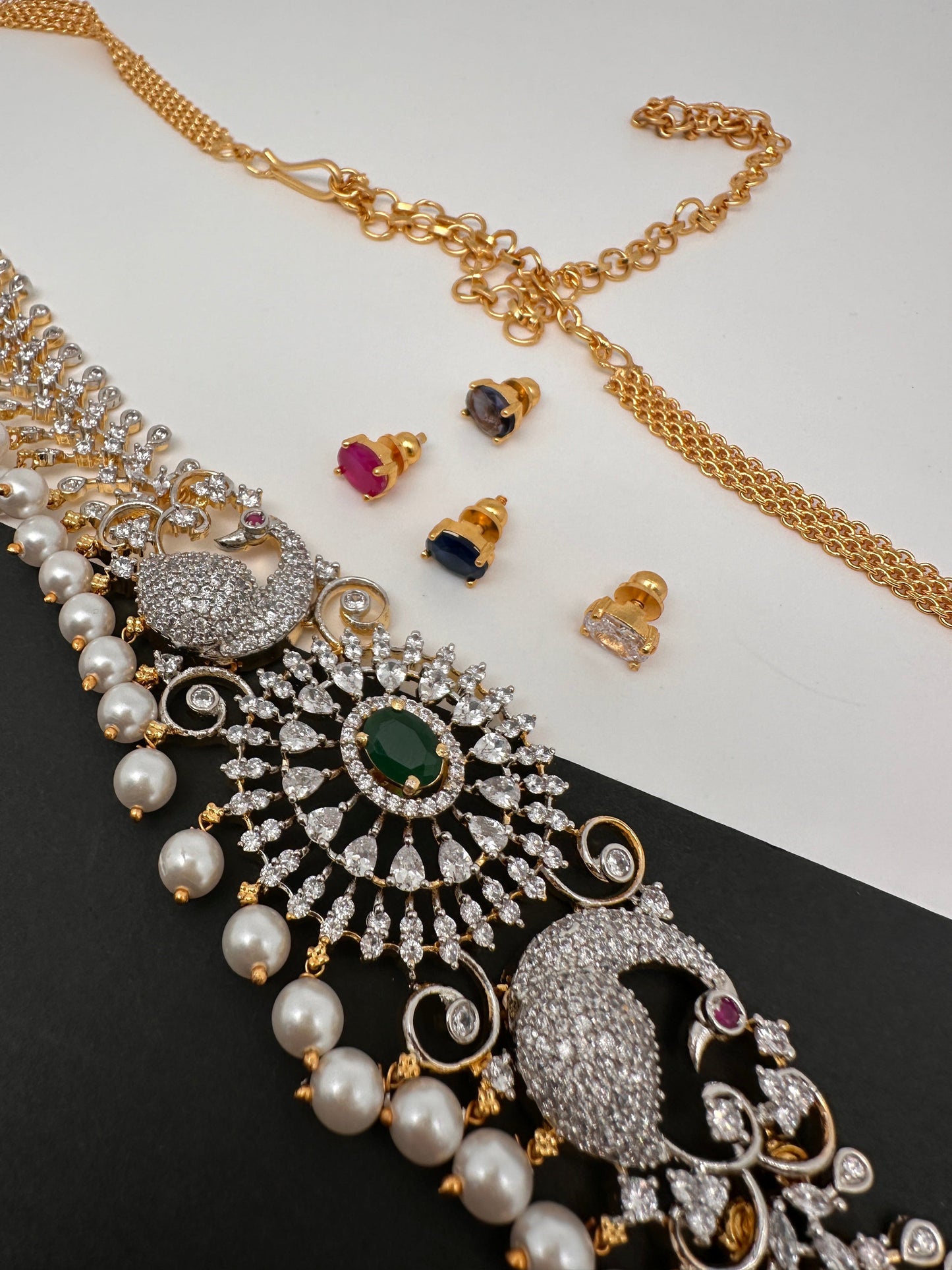 AD Changeable Color Stone Pearls Peacock Design Hip Chain Kamarbandh