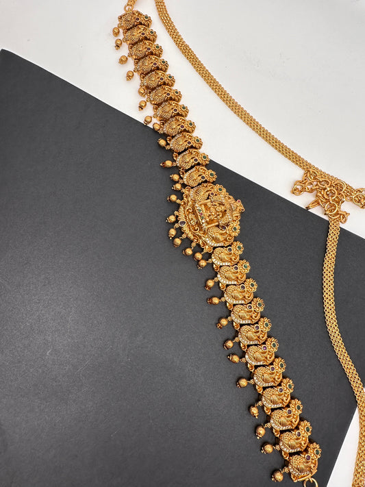 Goddess Lakshmi Peacock Nakshi Antique Matte Finish Hip Belt Kamarbandh