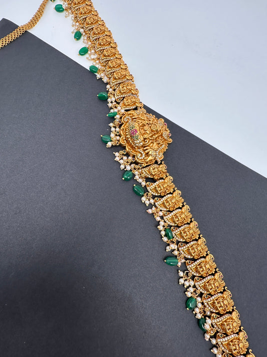 Goddess Lakshmi Nakshi Antique Matte Finish Hip Belt Kamarbandh with Green beads