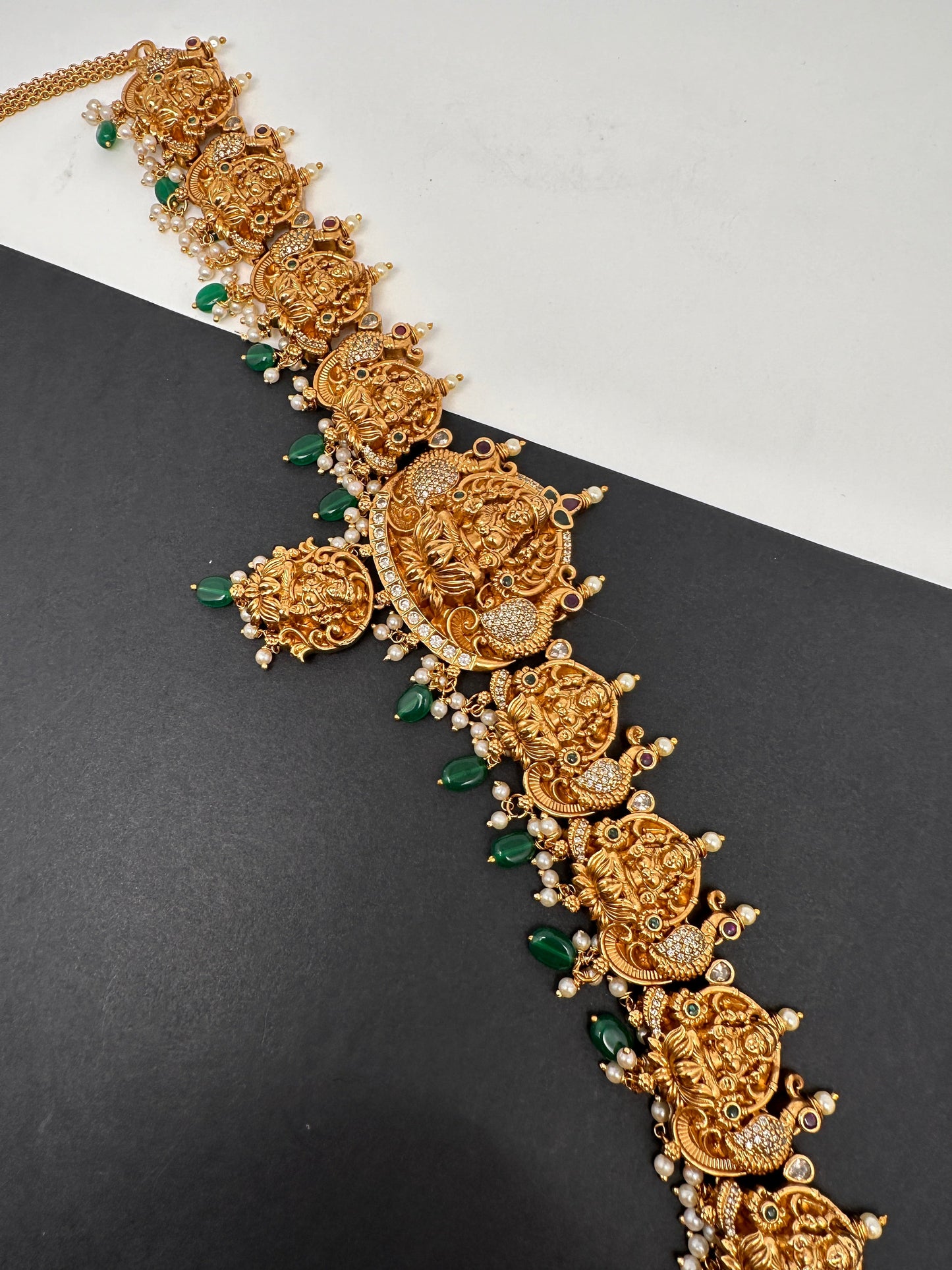 Goddess Lakshmi Nakshi Antique Matte Finish Hip Belt Kamarbandh with Green beads