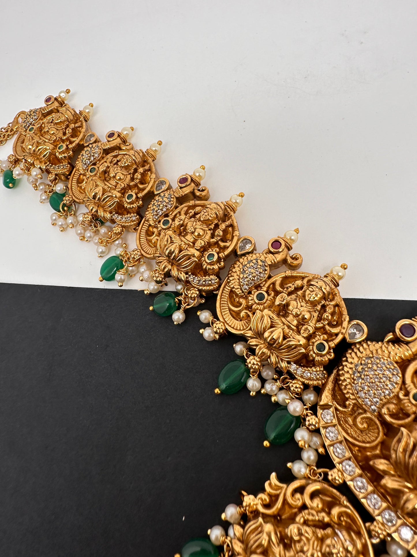 Goddess Lakshmi Nakshi Antique Matte Finish Hip Belt Kamarbandh with Green beads
