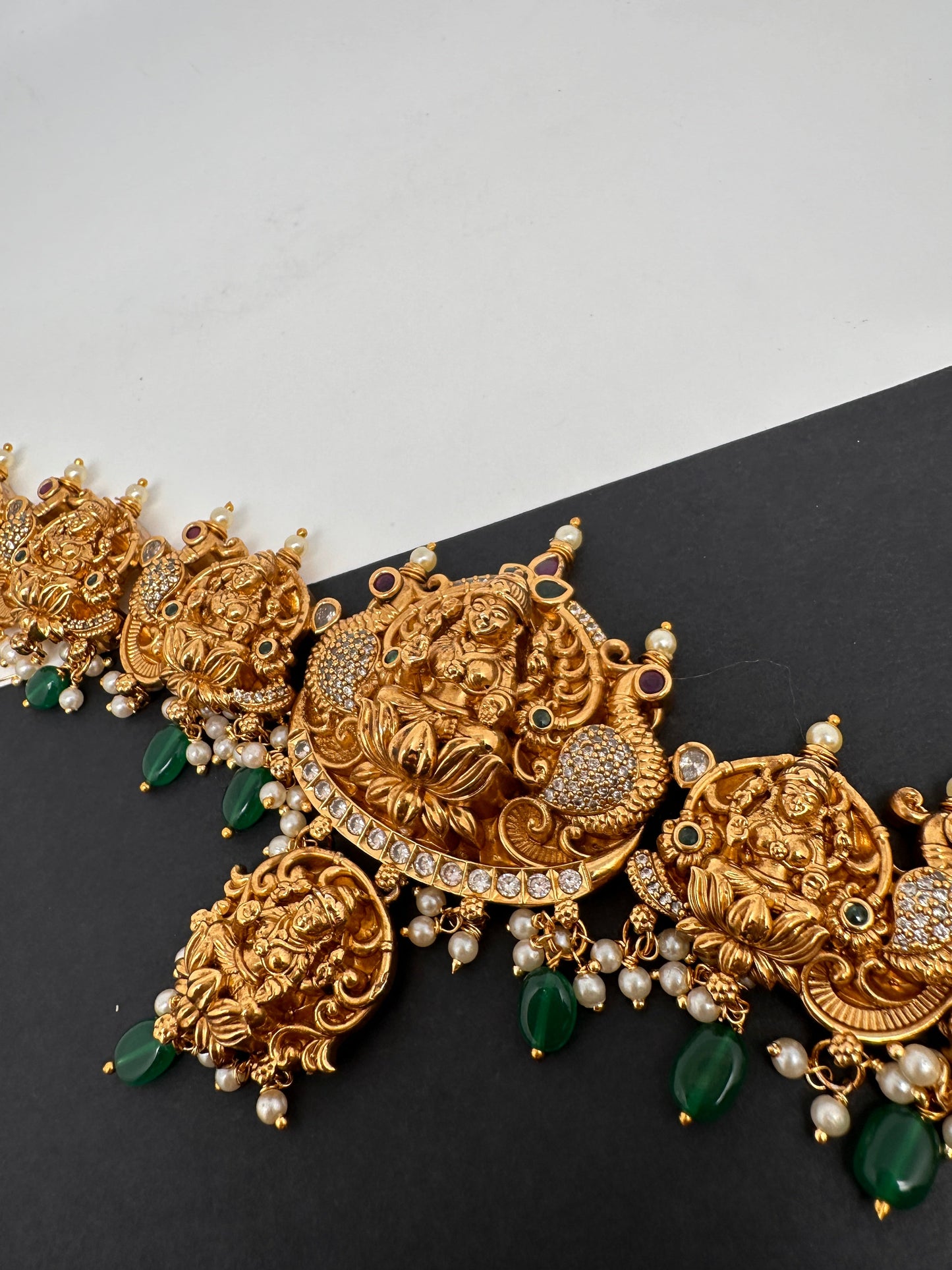 Goddess Lakshmi Nakshi Antique Matte Finish Hip Belt Kamarbandh with Green beads