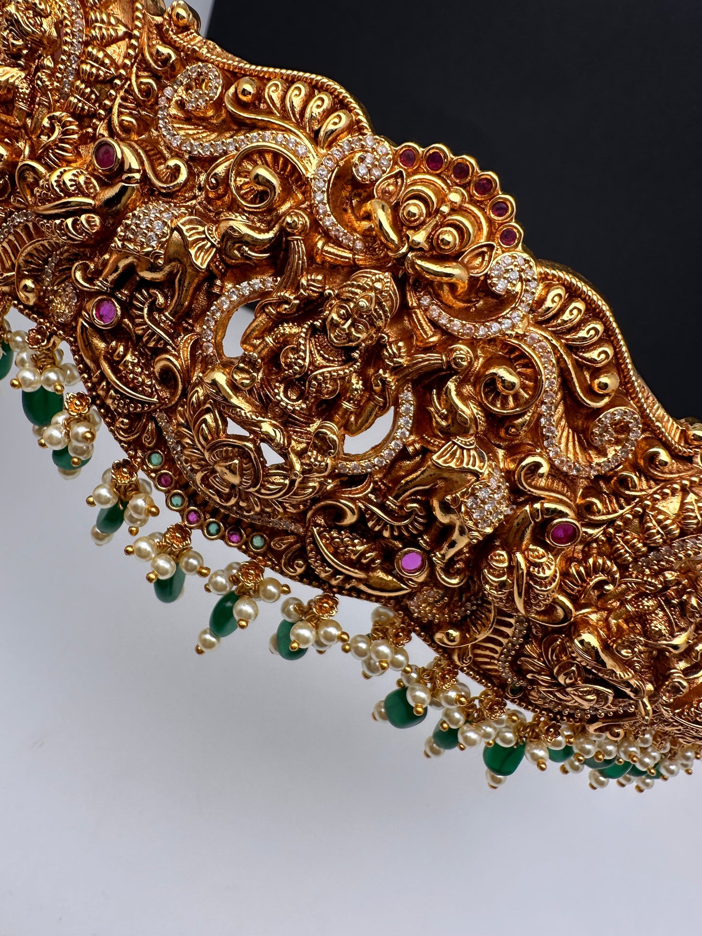 Goddess Lakshmi Nakshi Antique Matte Finish Hip Belt Kamarbandh with Green beads