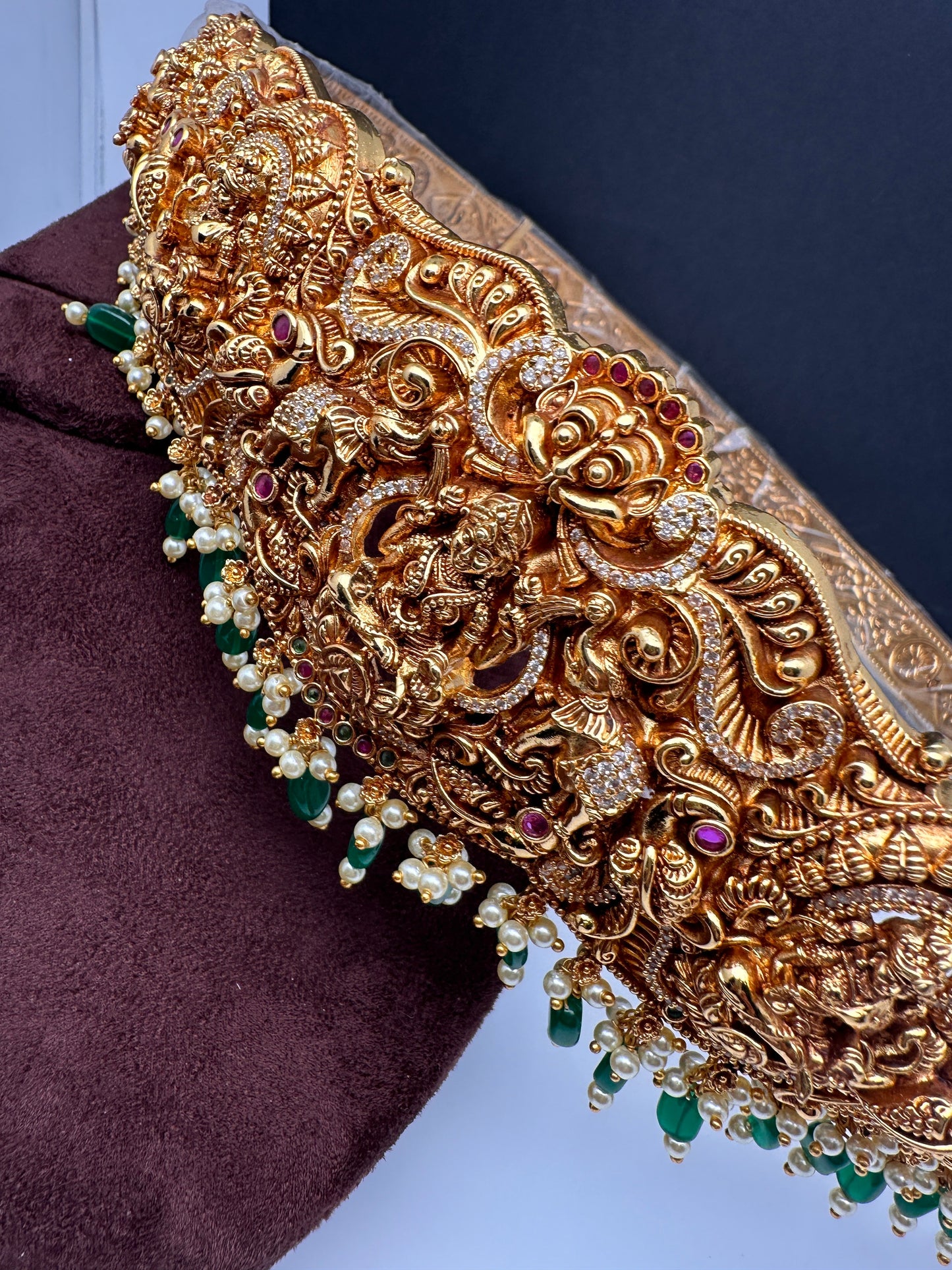 Goddess Lakshmi Nakshi Antique Matte Finish Hip Belt Kamarbandh with Green beads