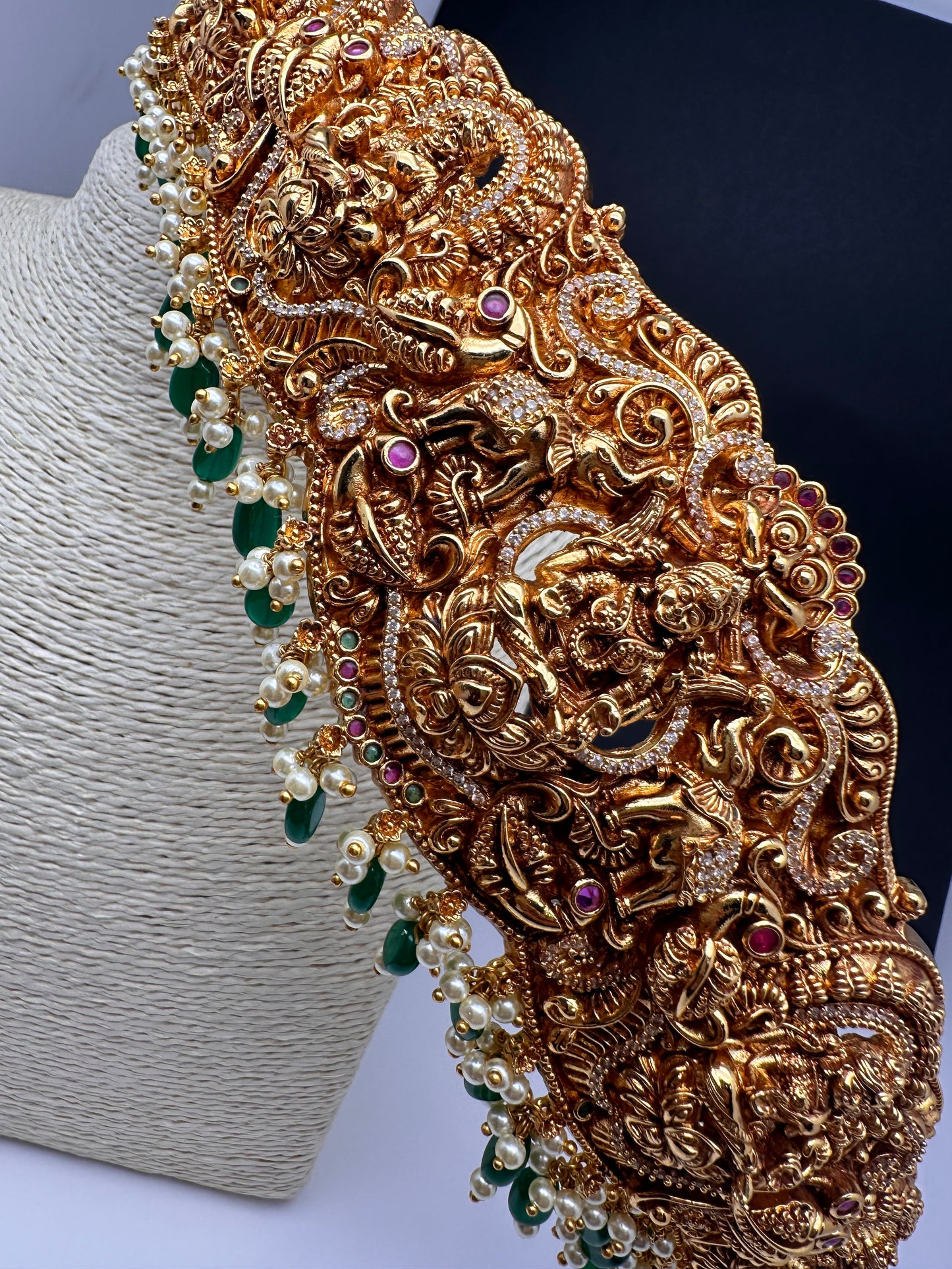 Goddess Lakshmi Nakshi Antique Matte Finish Hip Belt Kamarbandh with Green beads