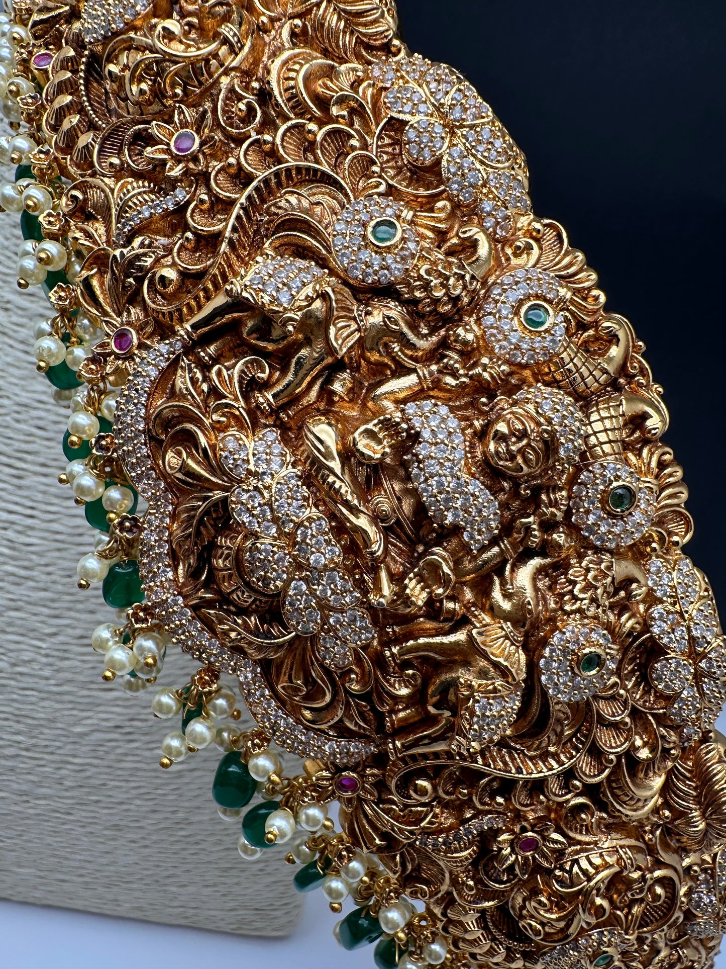 Goddess Lakshmi Nakshi Antique Matte Finish Hip Belt Kamarbandh with Green beads