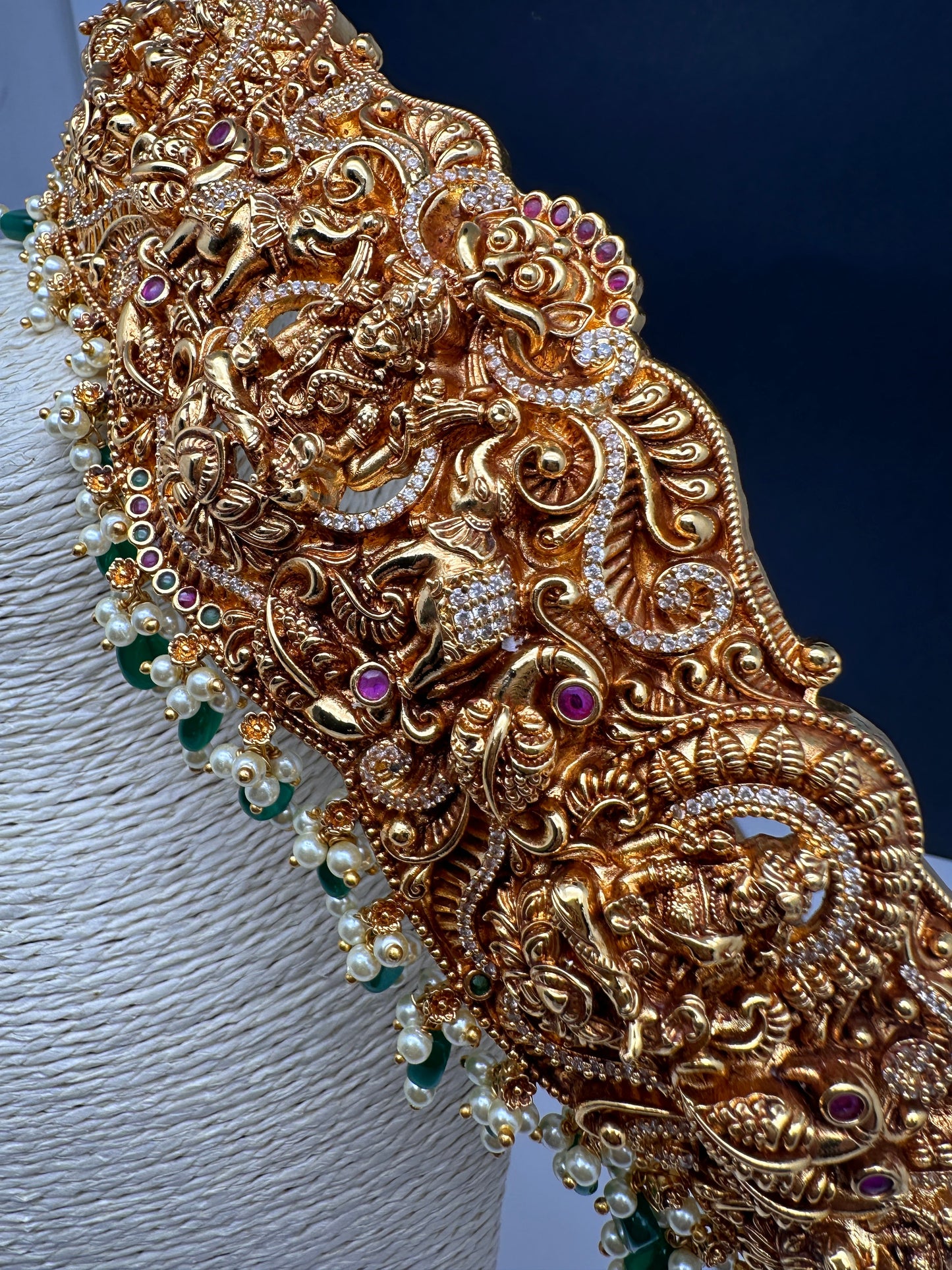 Goddess Lakshmi Nakshi Antique Matte Finish Hip Belt Kamarbandh with Green beads