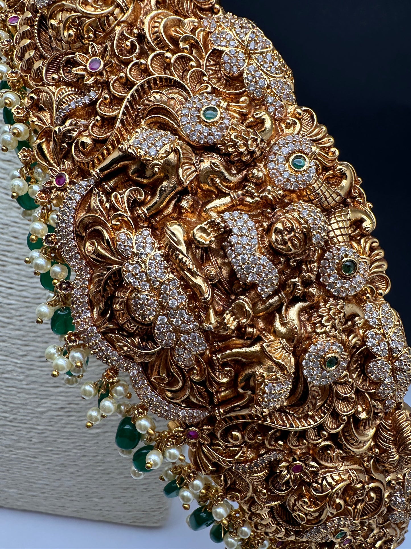 Goddess Lakshmi Nakshi Antique Matte Finish Hip Belt Kamarbandh with Green beads