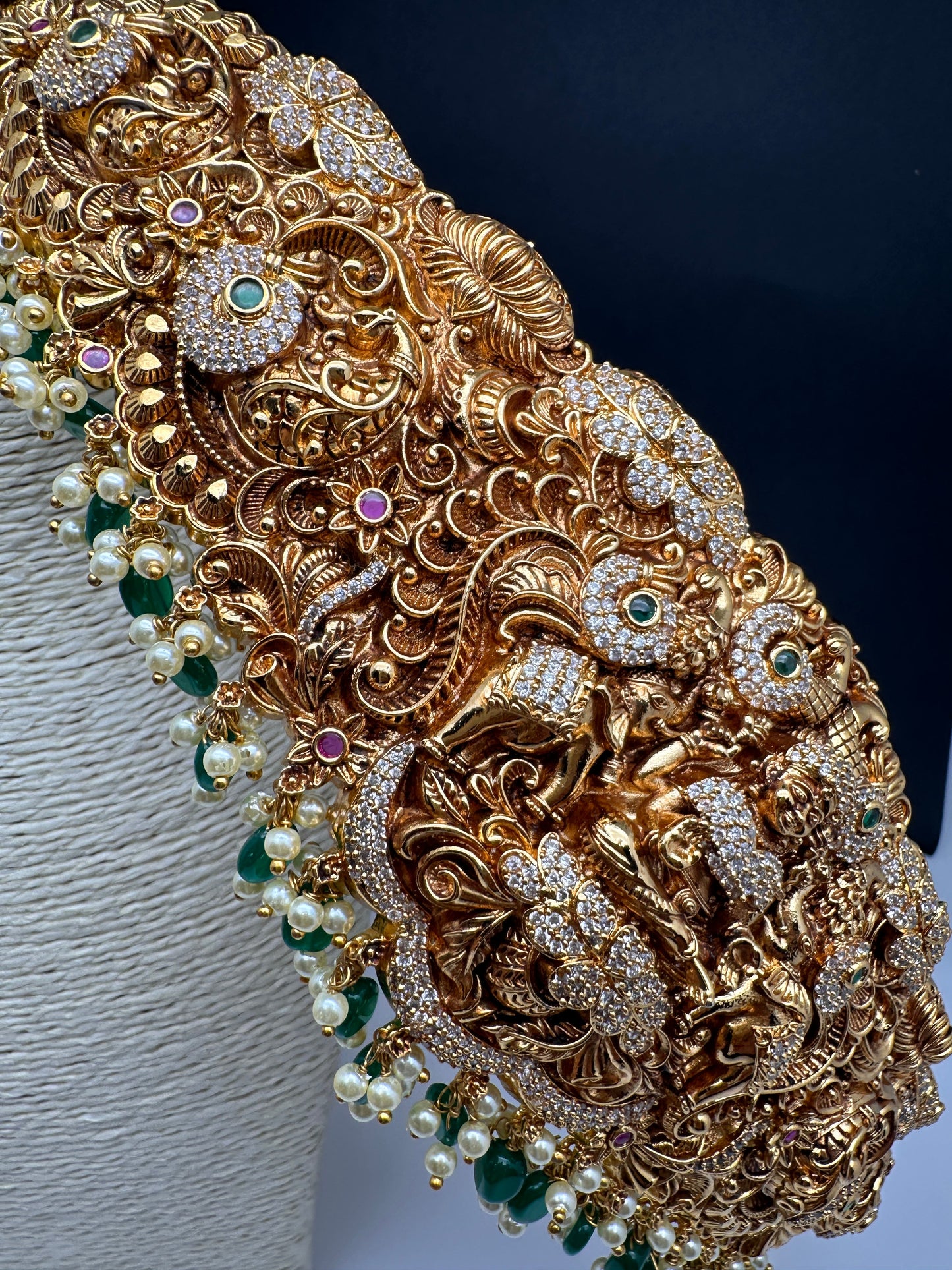Goddess Lakshmi Nakshi Antique Matte Finish Hip Belt Kamarbandh with Green beads