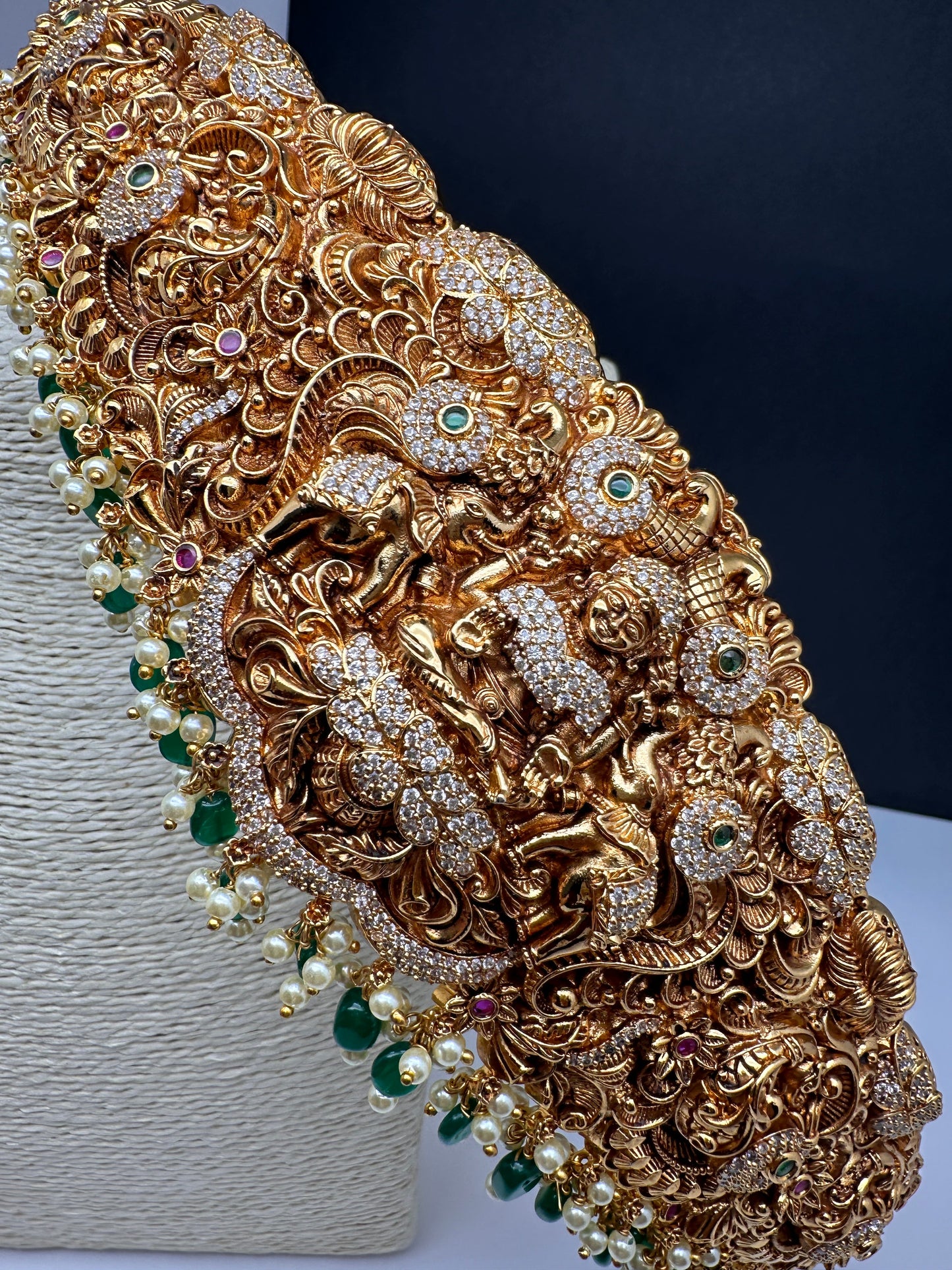 Goddess Lakshmi Nakshi Antique Matte Finish Hip Belt Kamarbandh with Green beads