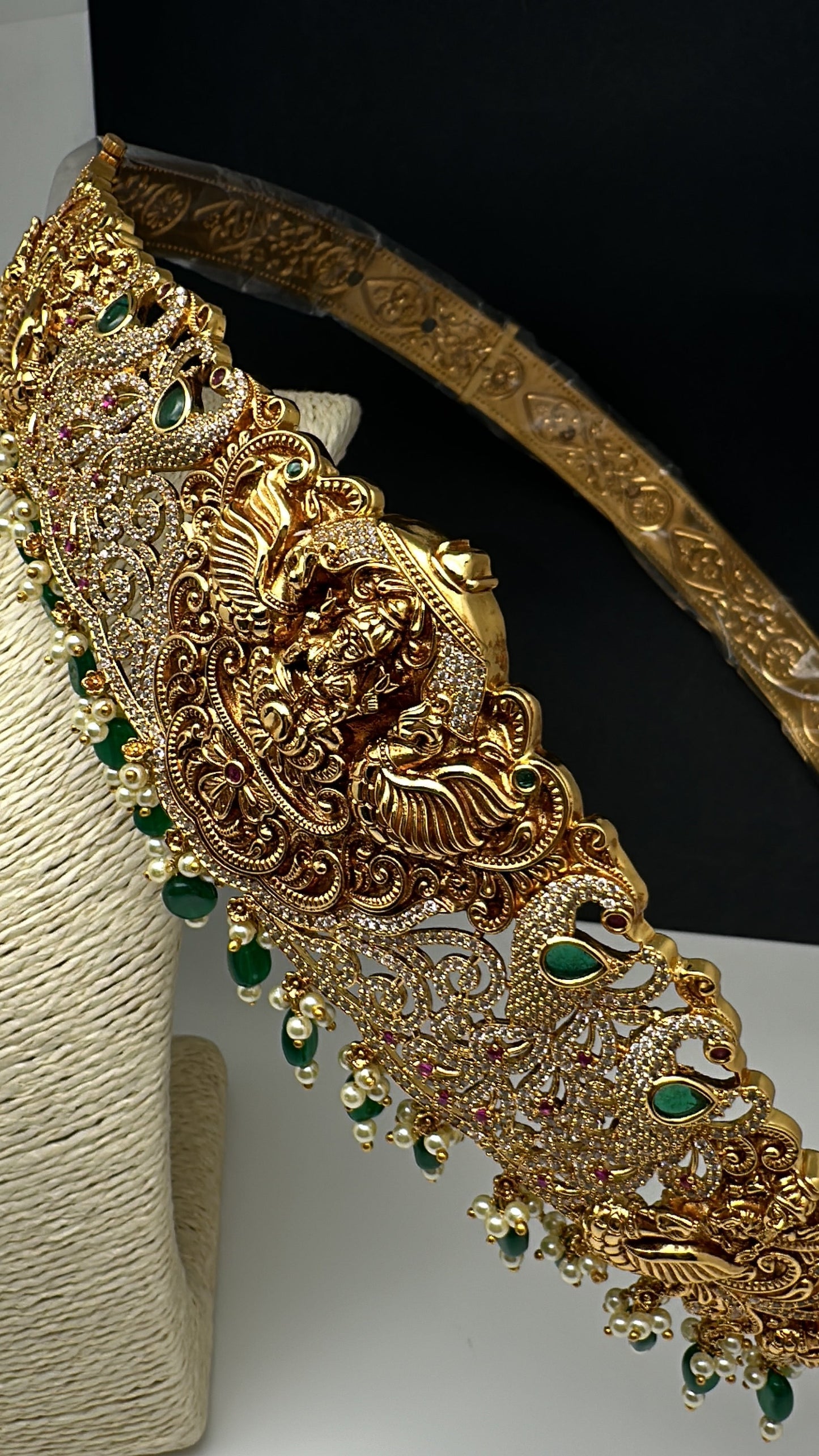 Goddess Lakshmi Nakshi Antique Matte Finish Hip Belt Kamarbandh with Green beads