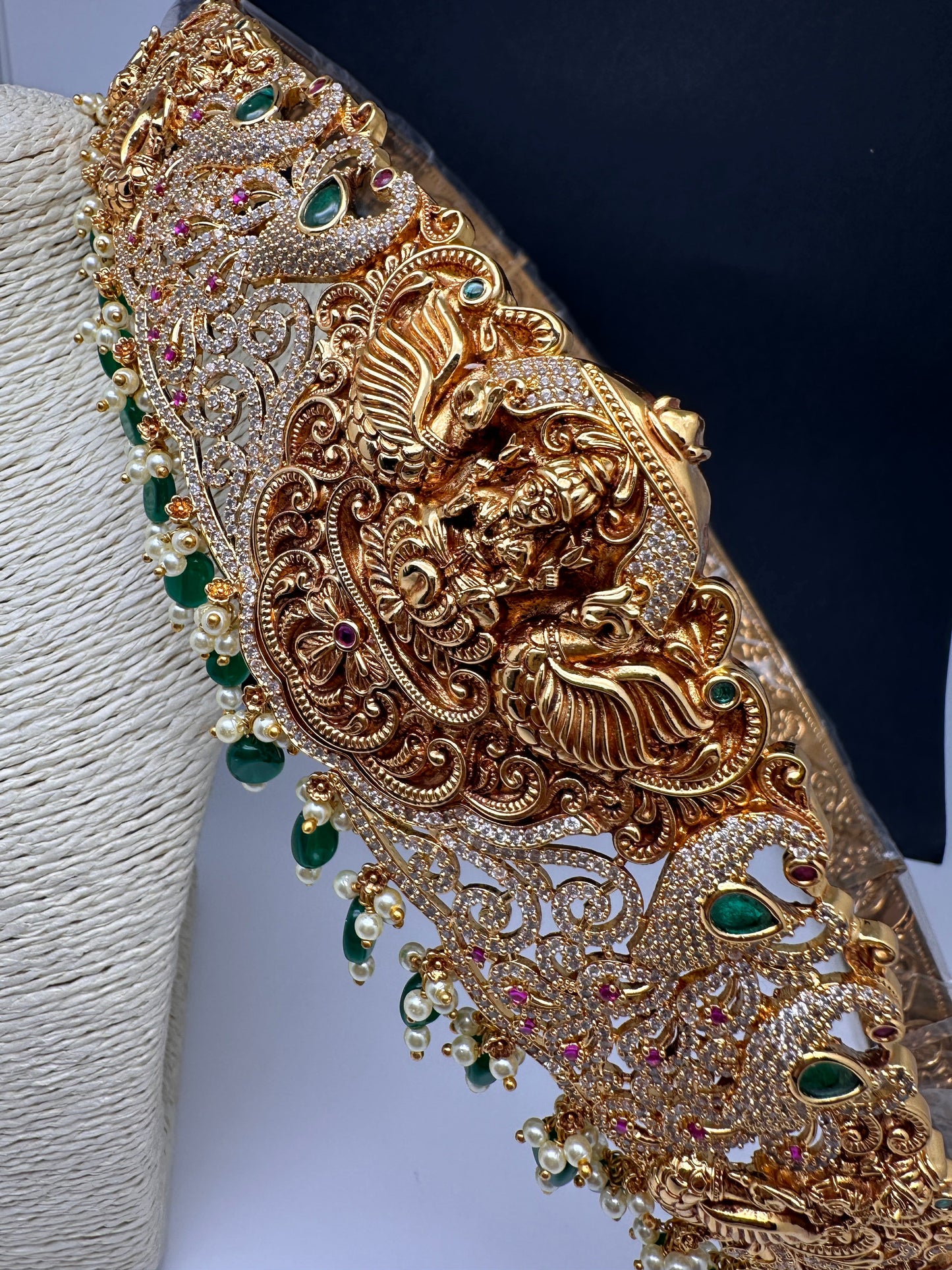 Goddess Lakshmi Nakshi Antique Matte Finish Hip Belt Kamarbandh with Green beads