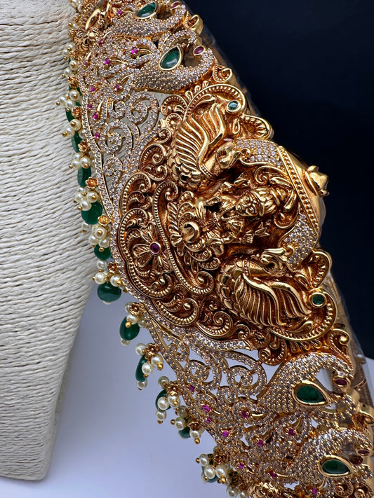 Goddess Lakshmi Nakshi Antique Matte Finish Hip Belt Kamarbandh with Green beads