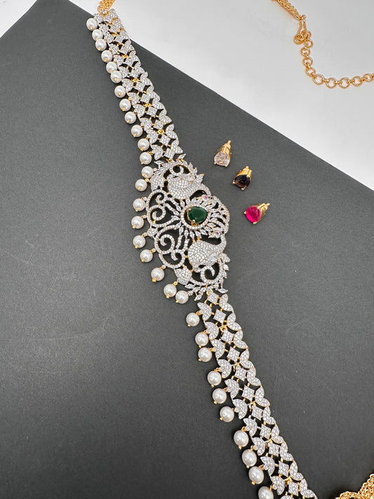 AD Diamond Changeable Color Stone Pearls Peacock Design Hip Chain Kamarbandh