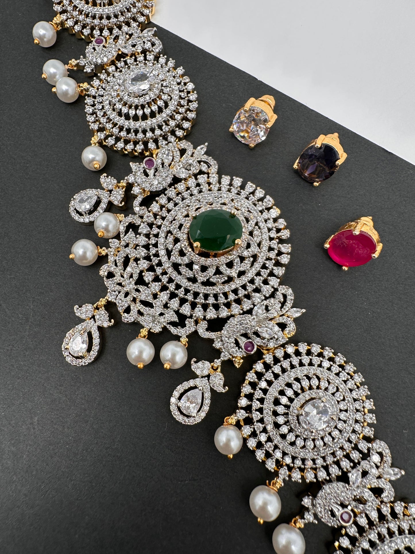 AD Diamond Changeable Color Stone Pearls Peacock Design Hip Chain Kamarbandh