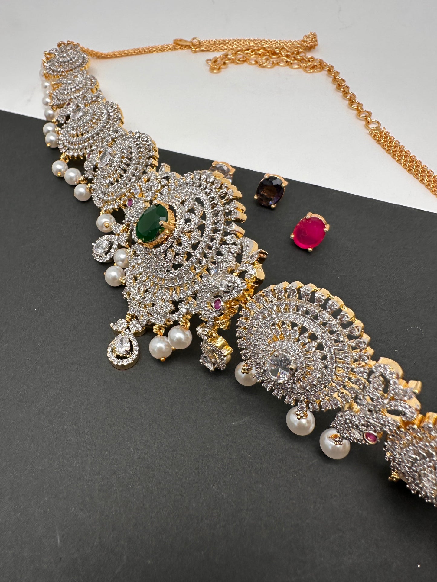 AD Diamond Changeable Color Stone Pearls Peacock Design Hip Chain Kamarbandh