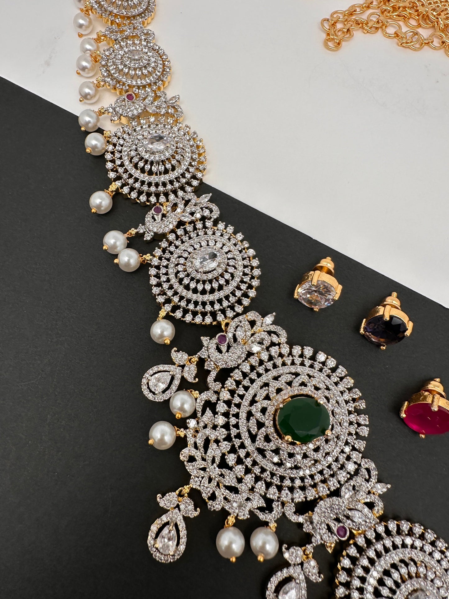 AD Diamond Changeable Color Stone Pearls Peacock Design Hip Chain Kamarbandh