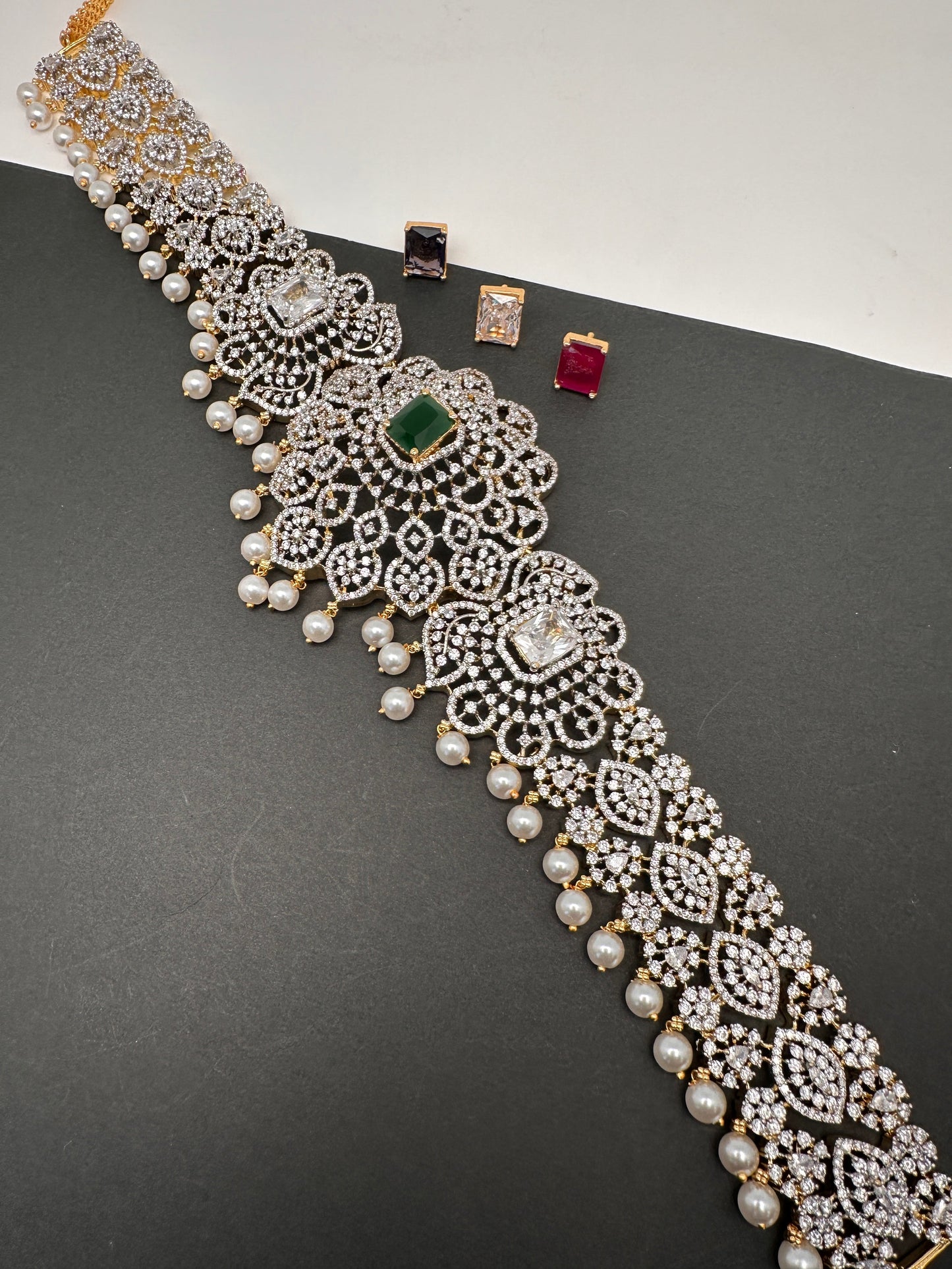 AD Diamond Changeable Color Stone Pearls Peacock Design Hip Chain Kamarbandh