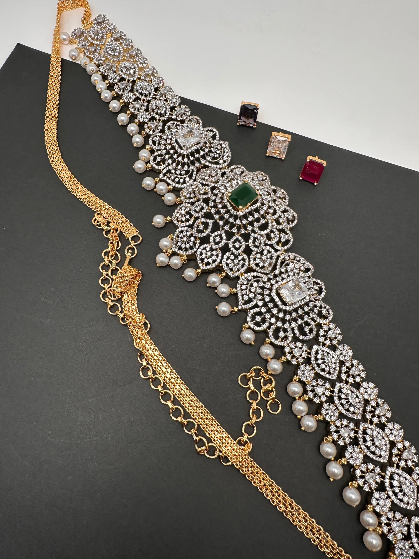 AD Diamond Changeable Color Stone Pearls Peacock Design Hip Chain Kamarbandh