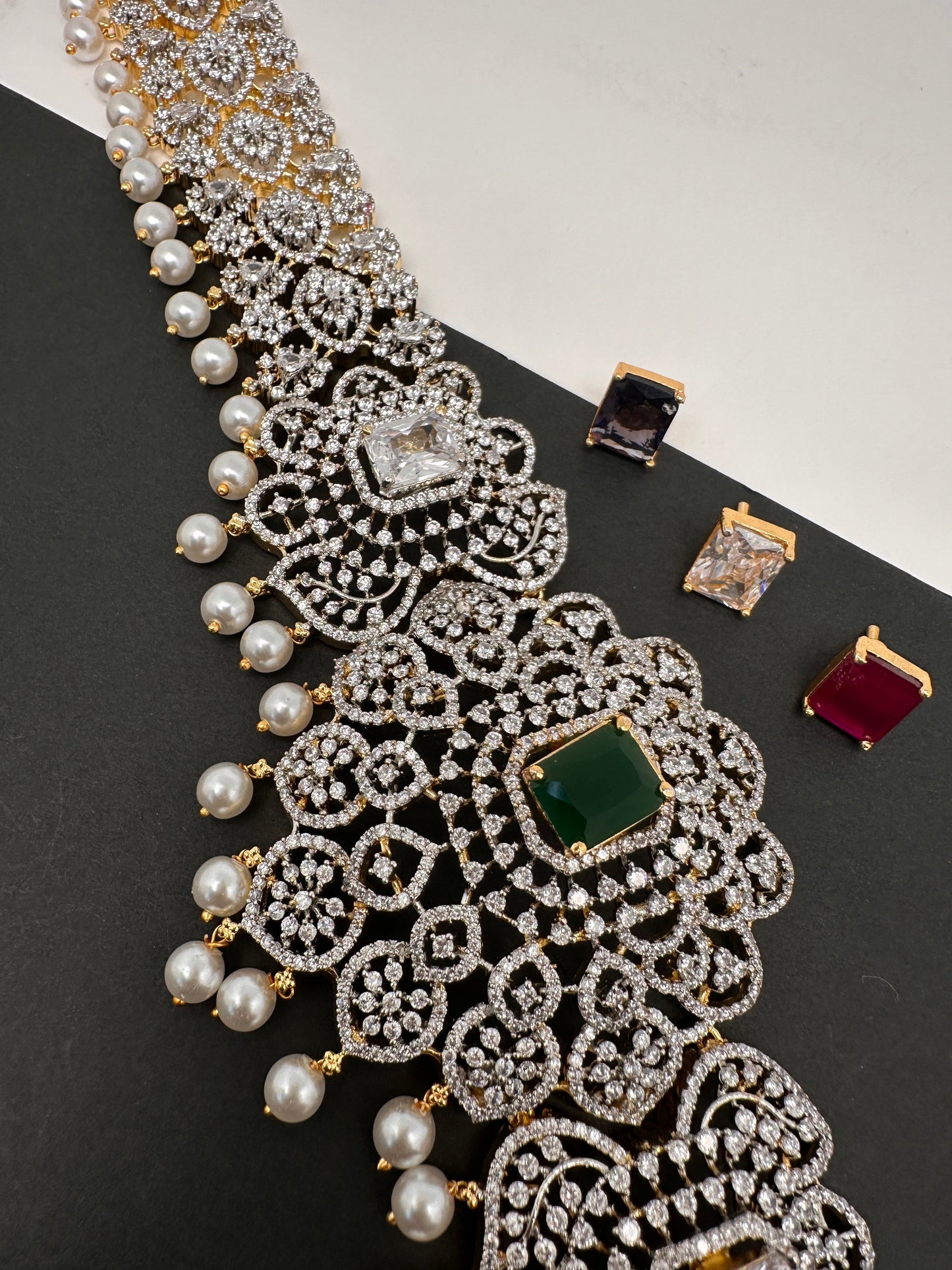 AD Diamond Changeable Color Stone Pearls Peacock Design Hip Chain Kamarbandh