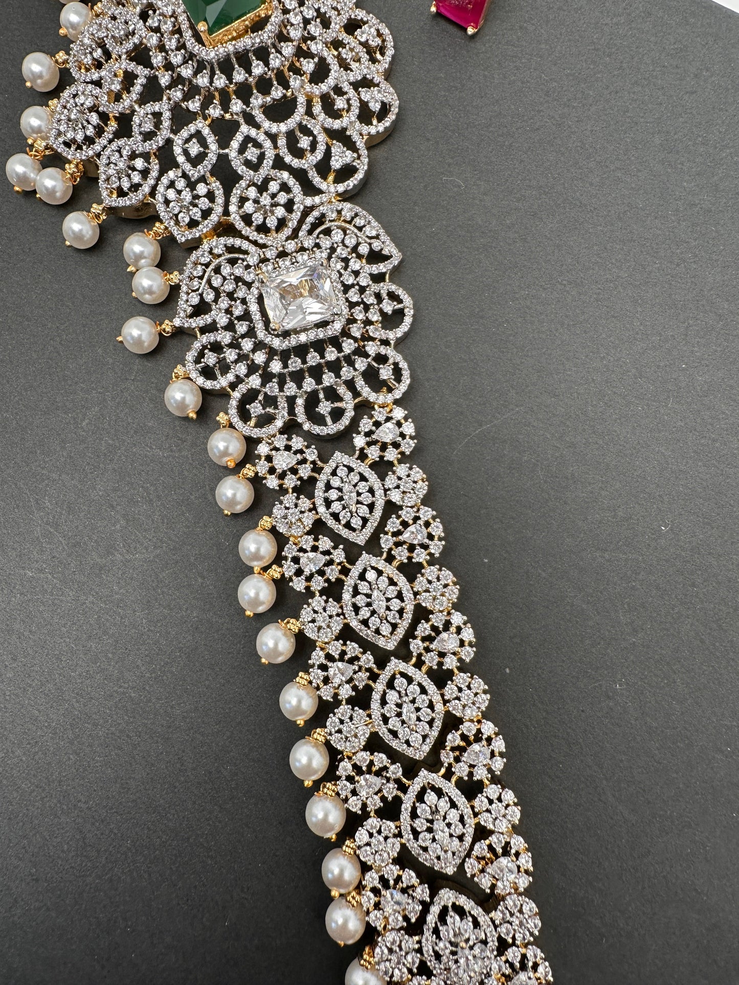 AD Diamond Changeable Color Stone Pearls Peacock Design Hip Chain Kamarbandh