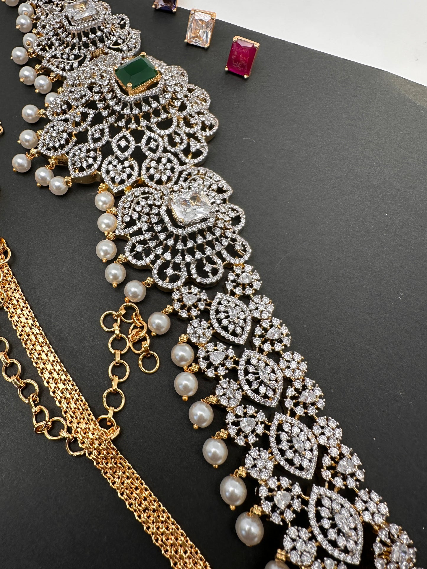 AD Diamond Changeable Color Stone Pearls Peacock Design Hip Chain Kamarbandh