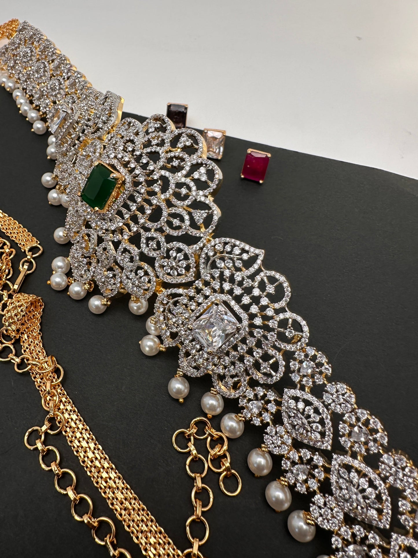 AD Diamond Changeable Color Stone Pearls Peacock Design Hip Chain Kamarbandh