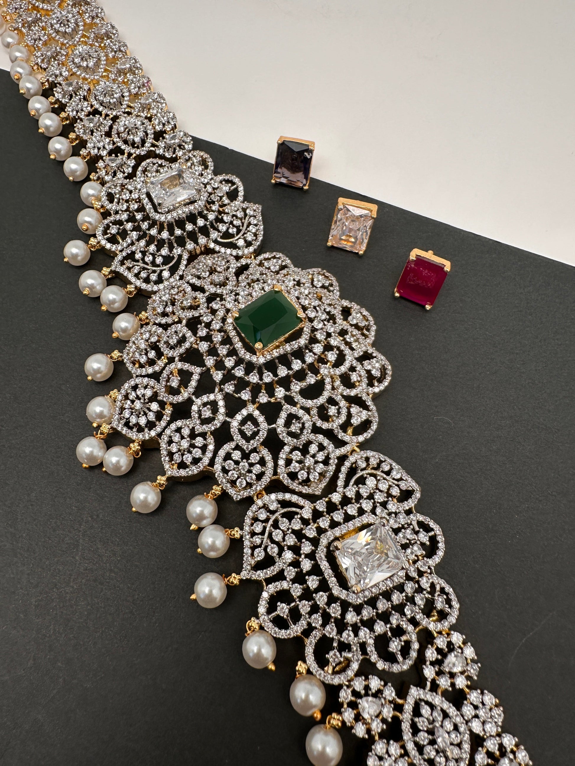 AD Diamond Changeable Color Stone Pearls Peacock Design Hip Chain Kamarbandh